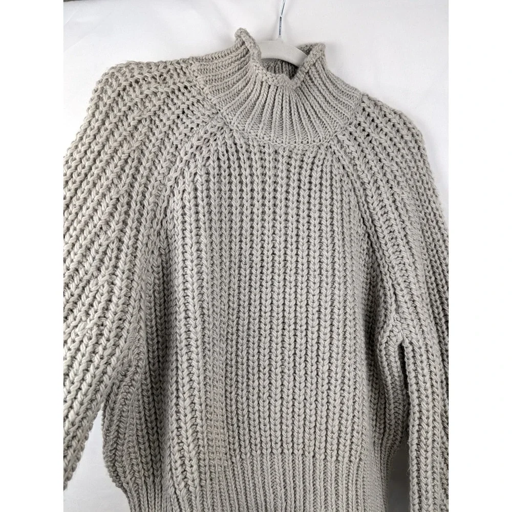Ribbed Chunky Knit Wool Mock Neck Sweater Gray Size L Pullover Fisherman Relaxed